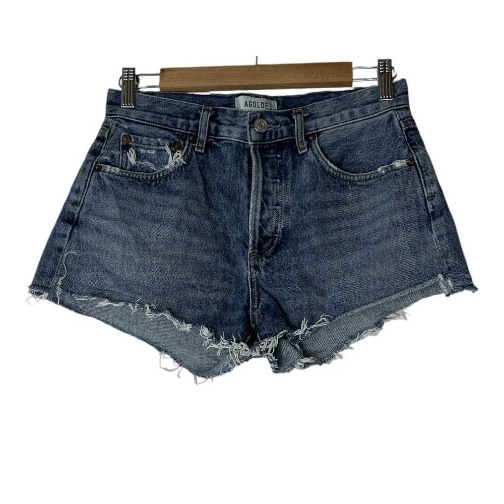 Agolde Parker Shorts Womens Size 24 Blue Distressed Cut off Button Fly